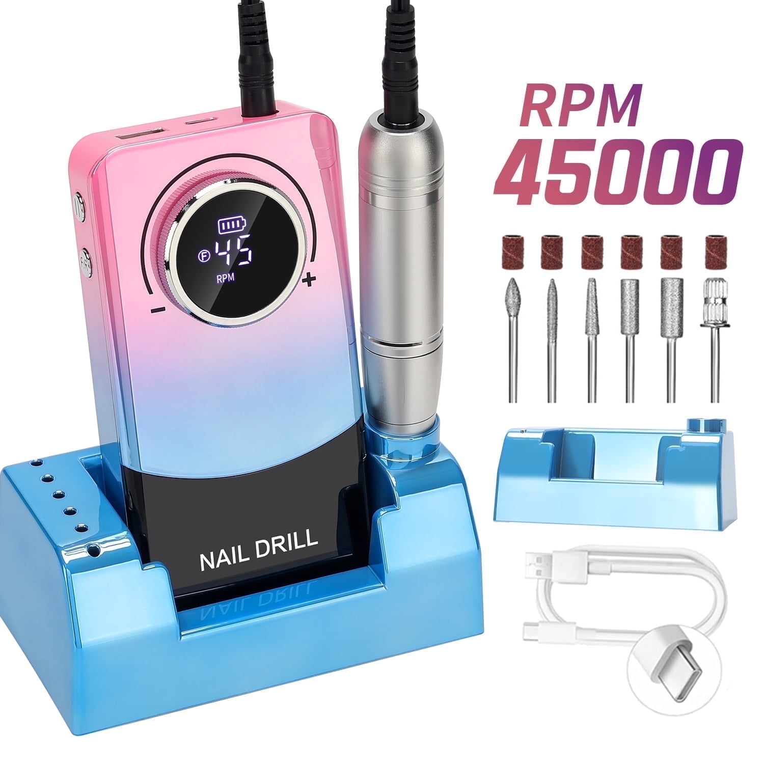 PRYZUNA 45000RPM Rechargeable Nail Drill Machine,Electric File with LCD Display, Low Noise E-File for Acrylic & Gel, Portable for Salon & Home Use