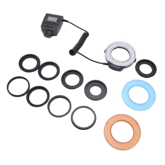 Professional 48 LED Macro Ring Flash Light with LCD Display Screen, Includes 9 Adapter Rings (40.5mm-77mm) and Flash Diffusers, Adjustable Brightness for Macro Photography, Compact 6.30 in / 16 cm