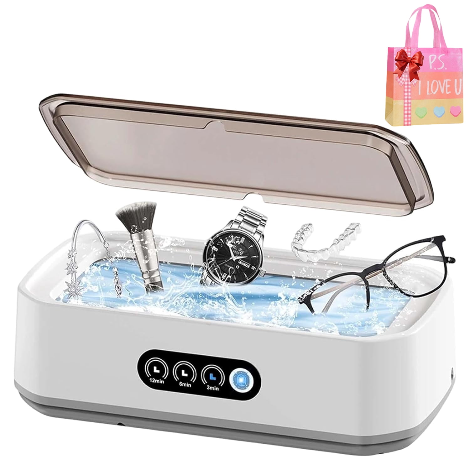 Professional 49kHz Ultrasonic Jewelry Cleaner Machine - 650ml Tank and 3 Timers, Jewelery Cleaner for Eyeglasses, Rings, Earring, Watches, Dentures & Retainers (White)