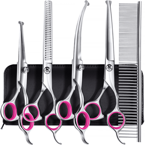 Professional 4CR Stainless Steel 6 in 1 Grooming Scissors for Dogs with Safety Round Tip, Heavy Duty Titanium Coated Pet Grooming Scissor for Dogs, Cats and Other Animals