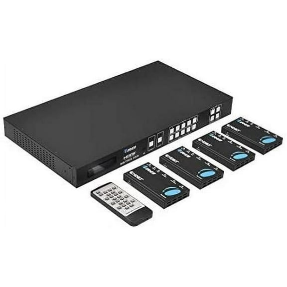 Professional 4K 4x4 HDMI Extender Matrix by OREI - HDBaseT UltraHD 4K @ 60Hz 4:2:0 Over Single CAT5e/6/7 Cable with HDR Switcher & IR Control, RS-232 - Up to 230 Ft - Loop Out - 4 Receivers Included