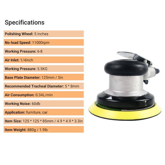 Professional 5 Inch Air Random Orbital Sander Dual Action Pneumatic Palm Polisher (11000 RPM, 5in / 12.7 cm)