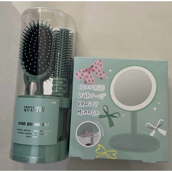 Professional 5-Piece Hair Brush Set Green Brushes With Small Vanity Mirror