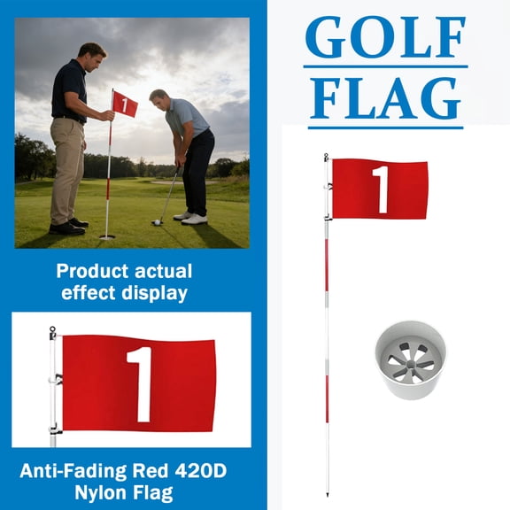 Professional 5-Section Golf Flagstick and Cup Set, 420D Fade-Resistant Nylon Red Flag for Backyard Practice Green, Portable Putting Green Marker System