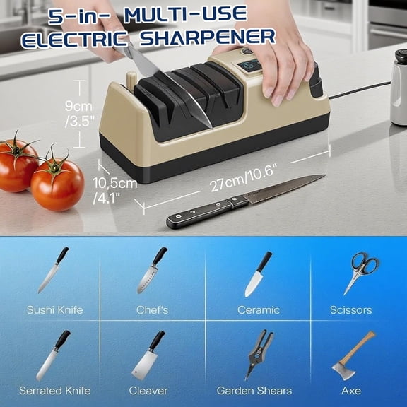 Professional 5-in-1 Electric Knife Sharpener with LCD Display, 3-Speed Abrasive System for Straight Serrated Cleaver Knives and Scissors