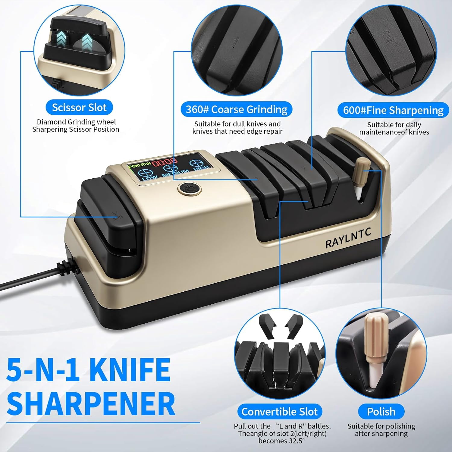 Professional 5-in-1 Electric Knife Sharpener with LCD Display, Scissor Sharpener with 3-Speed &   Abrasives