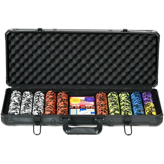Professional 500-Chip Poker Set with Aluminum Case - 2 Decks of Cards, 5 Dice & Accessories - Black - For 9-10 Players