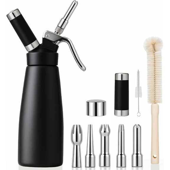 Professional 500 ml Aluminum Whipped Cream Dispenser With 5 Decorating Nozzles -Whipped Cream Maker With 2 Cleaning brushes-Heavy Duty Homemade Whipped Cream Canister (N20 Charger Not Included)
