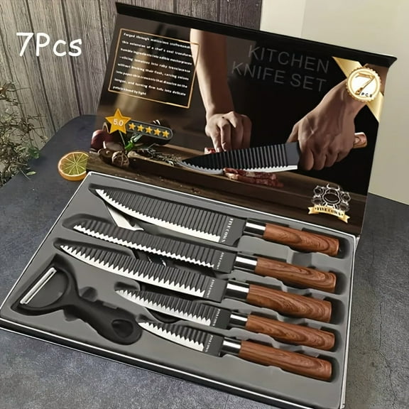 Professional 6/7Pcs Cooking Utensil Set, High-Carbon Stainless Steel Knife Peeler Scissors, Ultra-Sharp Non-Stick Wooden Handle, Chef Knife Set for Home Travel Vegetable Meat