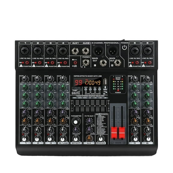 Professional 6 Channel Audio Mixer With 99 DSP Effects,7-band EQ,48V Phantom Power,USB Interface Recording For Sta ,Easy to Use