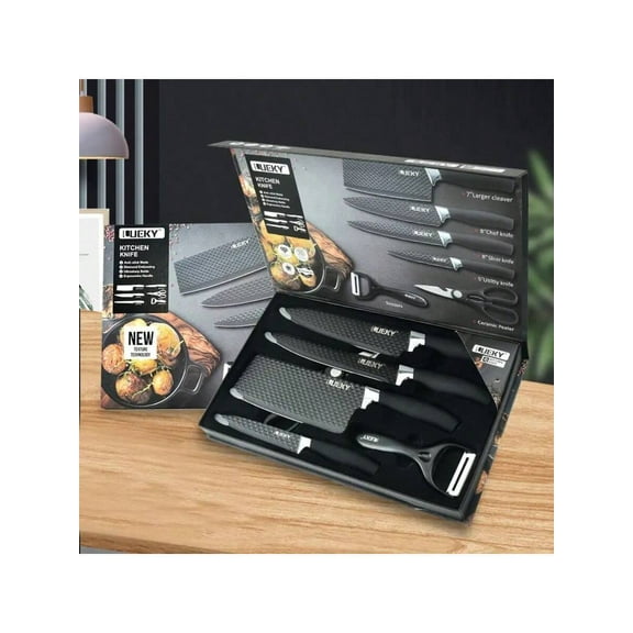 Professional 6-Piece Kitchen Knife Set - Chef's Knife, Slicer, Scraper & Scissors | Stainless Steel Super Sharp | Anti-Stick Ergonomic Wooden Handle | Perfect for Family & Travel | Gift Box Included