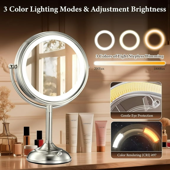 Professional 8.5" Large Lighted Makeup Mirror with Brighter Lights, 1X/10X True HD Magnifying Mirror with 3 Color Dimmable Lights, 90 Shadowless LEDs, 360Swivel Seamless Vanity Mirror, Pearl Nickel
