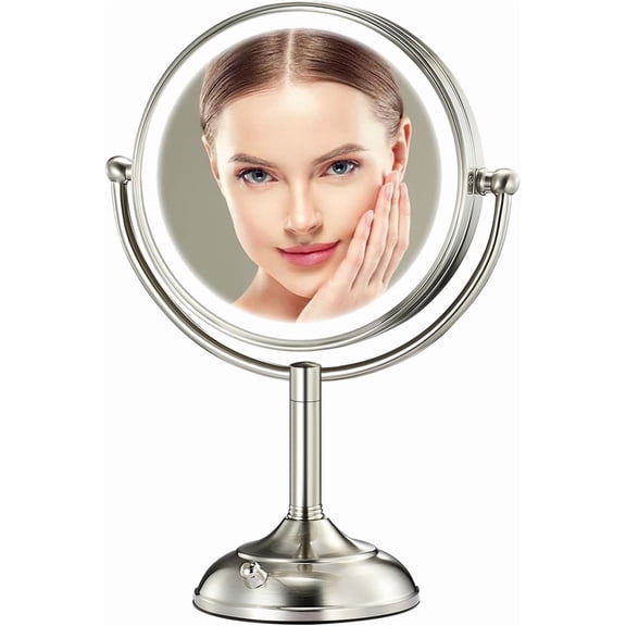 Professional 8.5" Large Lighted Makeup Mirror with Lights, 1X/10X True Magnifying Mirror with 3 Color Dimmable Lights, 90 Shadowless LEDs, 360?Swivel Seamless Vanity Mirror, Nickel