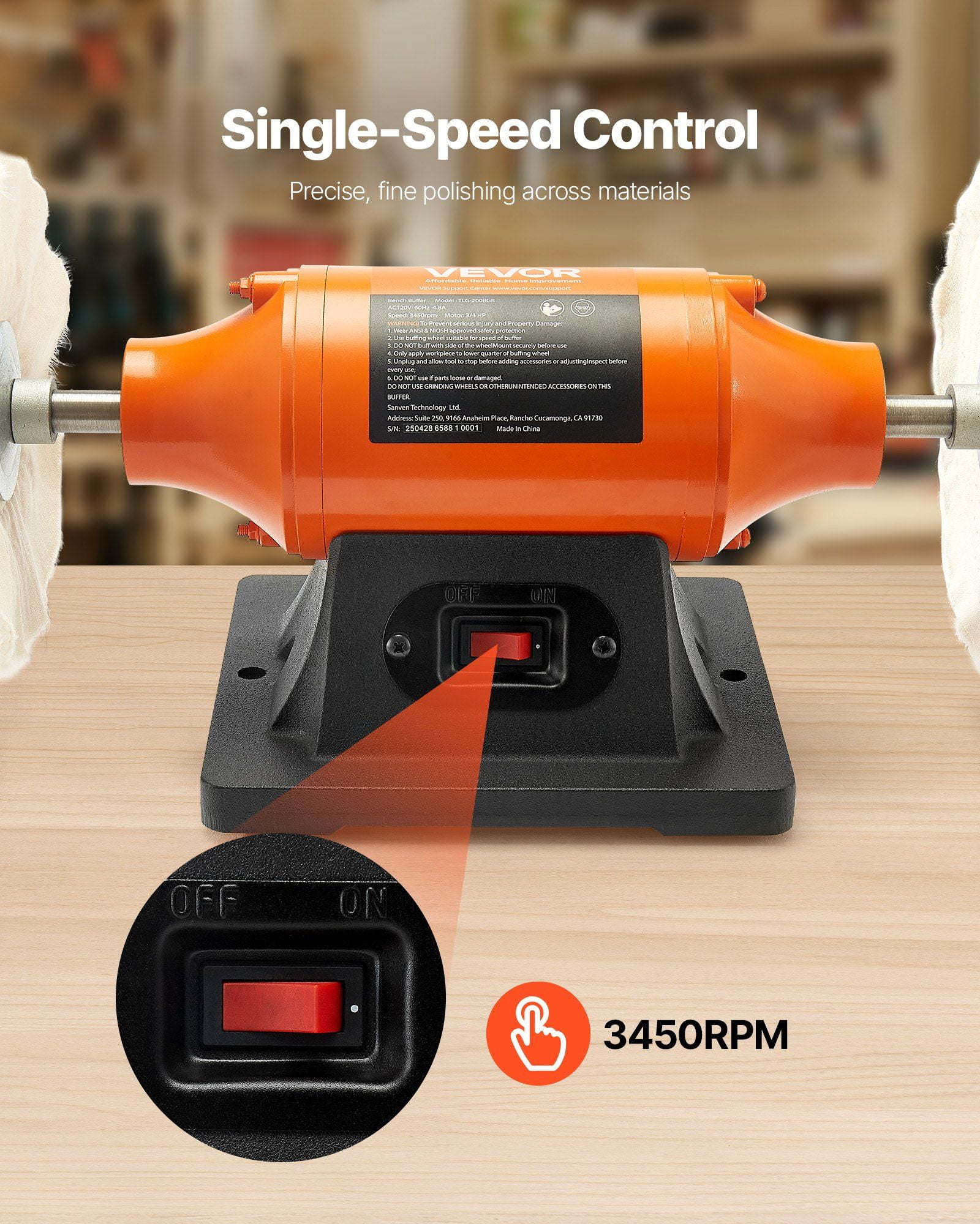 Professional 8" Bench Buffer Machine, 3/4 HP 3450RPM, for Polishing Metal, Automotive, Wood, and Jewelry