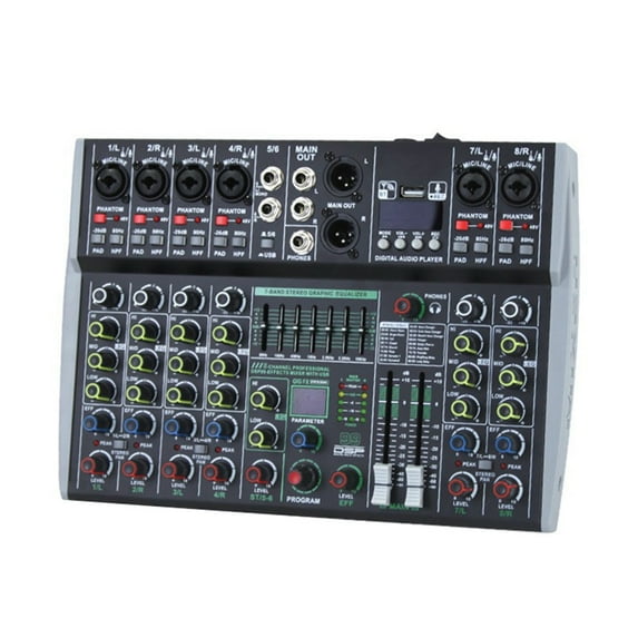 Professional 8 Channel Audio Mixer Built-in 99DSP 7-Segment Balanced Effect Bluetooth Live Recording XLR Mixer US Plug