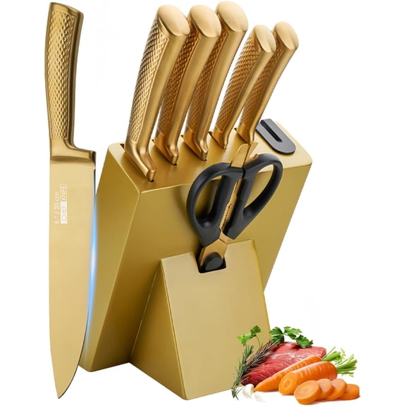 Professional 8-Piece Titanium-Coated Stainainless Steel Knife Set with Block. Includes Non-Stick Chefs Knife, Ergonomic Non-Slip Handle & Built-In Sharpener.
