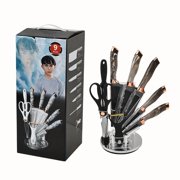 Professional 9-Piece Stainless Steel Knife Set with Holder, Sharpening Stick, Chef Knife, Cleaver, Utility Knife, Fruit Knife, Scissors, Peeler - Restaurant Kitchen Tools