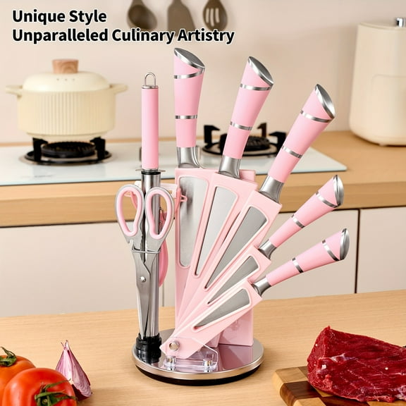 Professional 9PCS Kitchen Knife Set with Rotating Block - Premium Stainless Steel, Non-Stick Surface, Non-Slip Grip, High-Quality Tools, Perfect Halloween Gift for Women