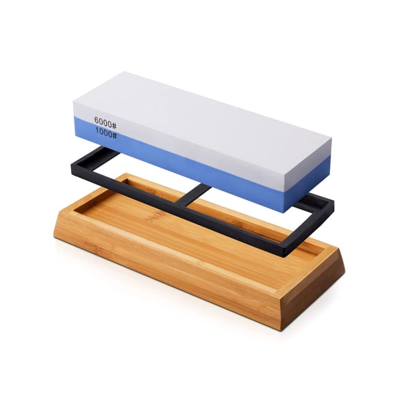 Professional Abrasive Whetstone Knife Sharpener 2 Side Grit 1000/6000 Knife Sharpening Stone, Knife Sharpener Stone with Non-slip Bamboo Base, Wet Stone Sharpening Kit for Kitchen Hunting