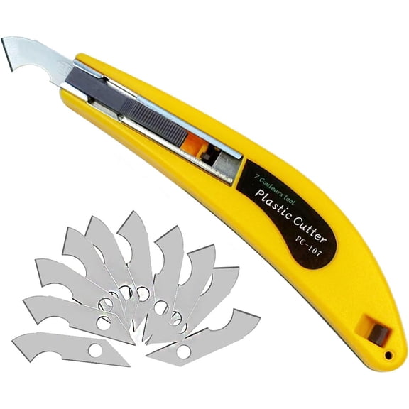 Professional Acrylic Plexiglass Sheet Cutter Scoring Knife Tool,With a Curved Handle,It Is More Convenient To Use.One handle,11 blades.(Yellow)