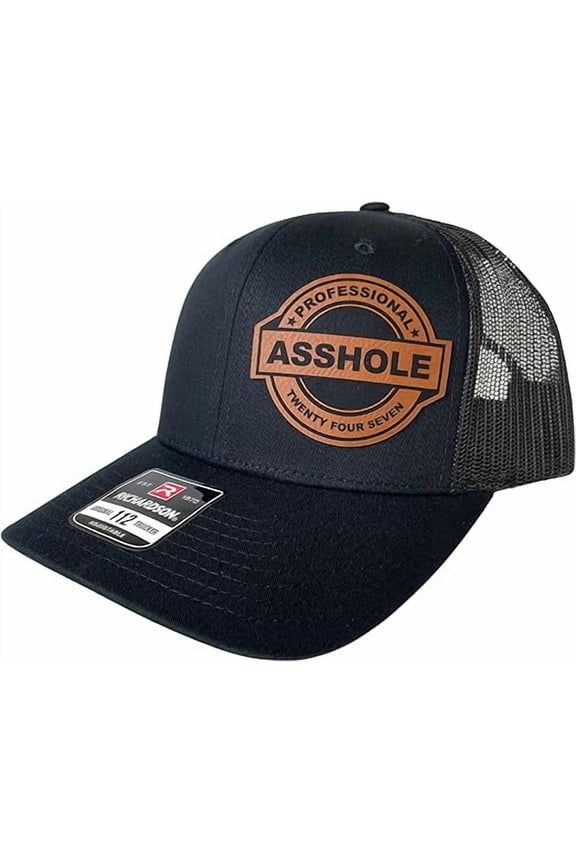 Professional Ahole Funny Trucker hat, Vegan Leather Patch, Richardson 112 hat, Laser Engraved hat (Black)