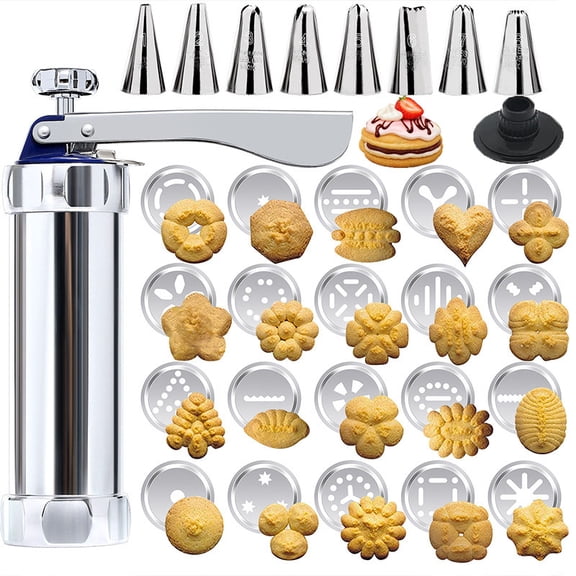 Cookie Press Kit, 20 Round Cookie Discs and 8 Stainless Steel Icing Tips, Manual Spritz Cookie Maker For Home Baking