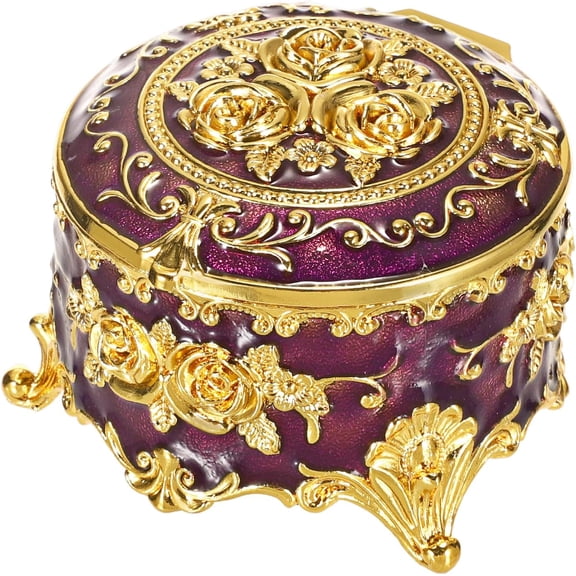 Professional Antique Metal Jewelry Box with Exquisite 3D Rose Design, Round Vintage Trinket Case for Rings and Earrings, Premium Enamel Keepsake Box with Soft Velvet Interior