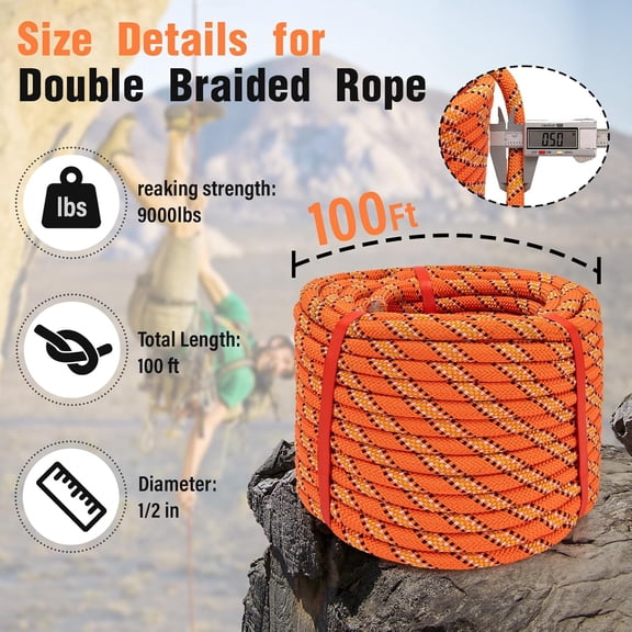 Professional Arborist Rope, 48-Strand 1/2in x 100ft, High Tensile Strength for Climbing & Outdoor Activities, Orange