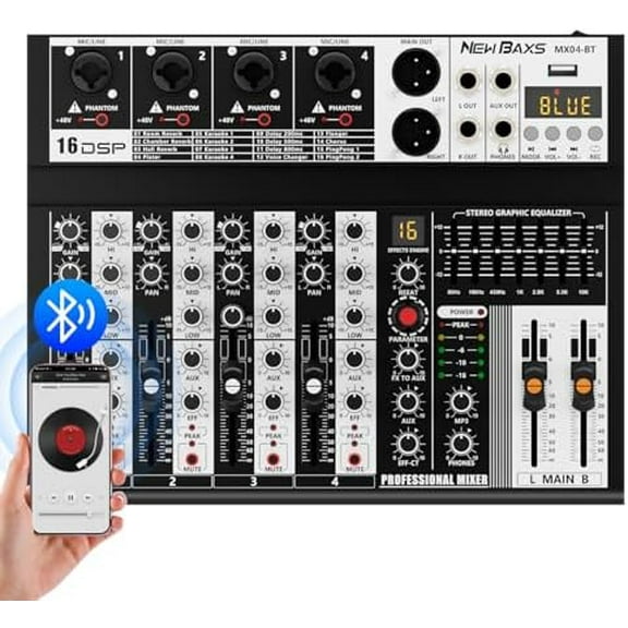 Professional Audio Mixer, 4 Channel Audio Interface Sound Board Mixing Console System Monitor, 16-Bit DSP DJ Bluetooth Mixer +48V Phantom Effect For Karaoke Studio Streaming Recording$$Music