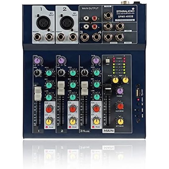 Professional Audio Mixer, 4-Channel Mixing Console with USB Audio Interface, Stereo Equalizer, 16 DSP Effects, Ideal for Stage, Live Gigs, and Karaoke SPMX4002B$$Music