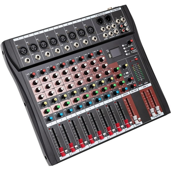 Professional Audio Mixer Board 8 Channel DJ Mixer Studio Equipment, Bluetooth DJ Mixer with 48V Phantom Power, Sound Mixing Console USB Digtal Mic for Karaoke Podcasting