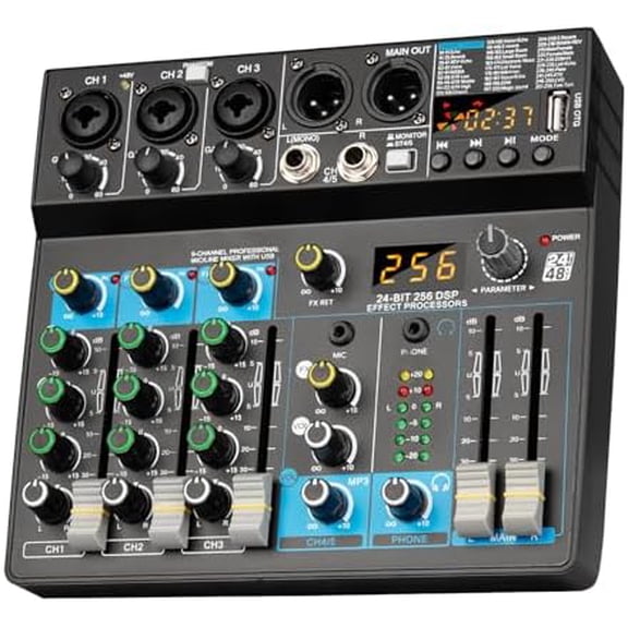 Professional Audio Mixer Digital FX 256-Bit DSP USB Bluetooth MP3 Computer DJ Mixer 5 Channel input Interface with 48V Phantom Power for PC recording Live Streaming, Podcasting, Karaok$$Music