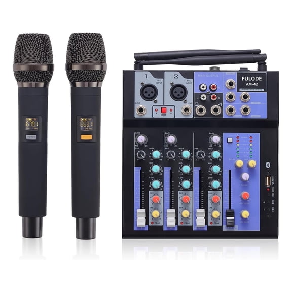 FULODE Audio Mixer with Dual Wireless Mic, 4 Channel Mixer Board Sound Board DJ Mixer Console System MP3 Bluetooth 48V Phantom Power USB Interface for Home Karaoke Party