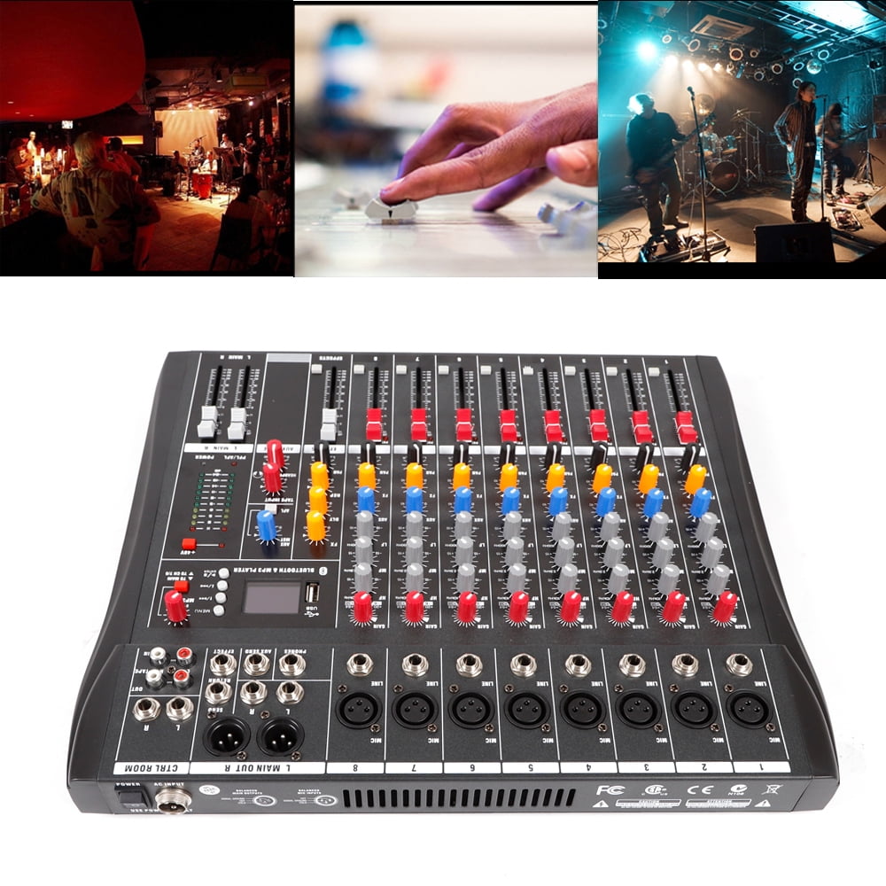 Professional Audio Mixer with 8 Mic Inputs, 3-Band Equalizer, 6 Built-in Music Styles, Real-time Monitoring, Ideal for Sound Customization