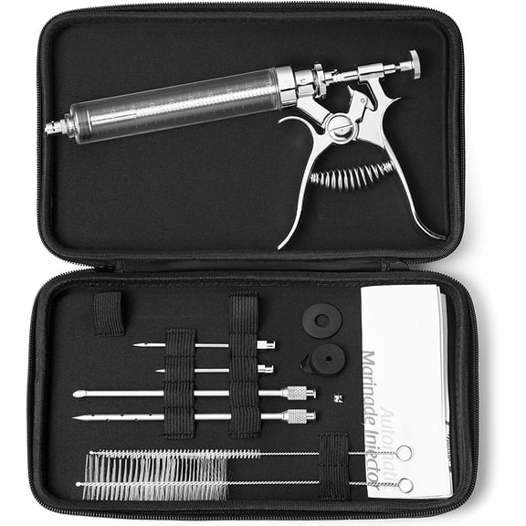 Professional Automatic BBQ Meat Marinade Injector Gun Kit with Case, 2 oz Large Capacity Barrel and 4 Commercial Grade Marinade Needles.