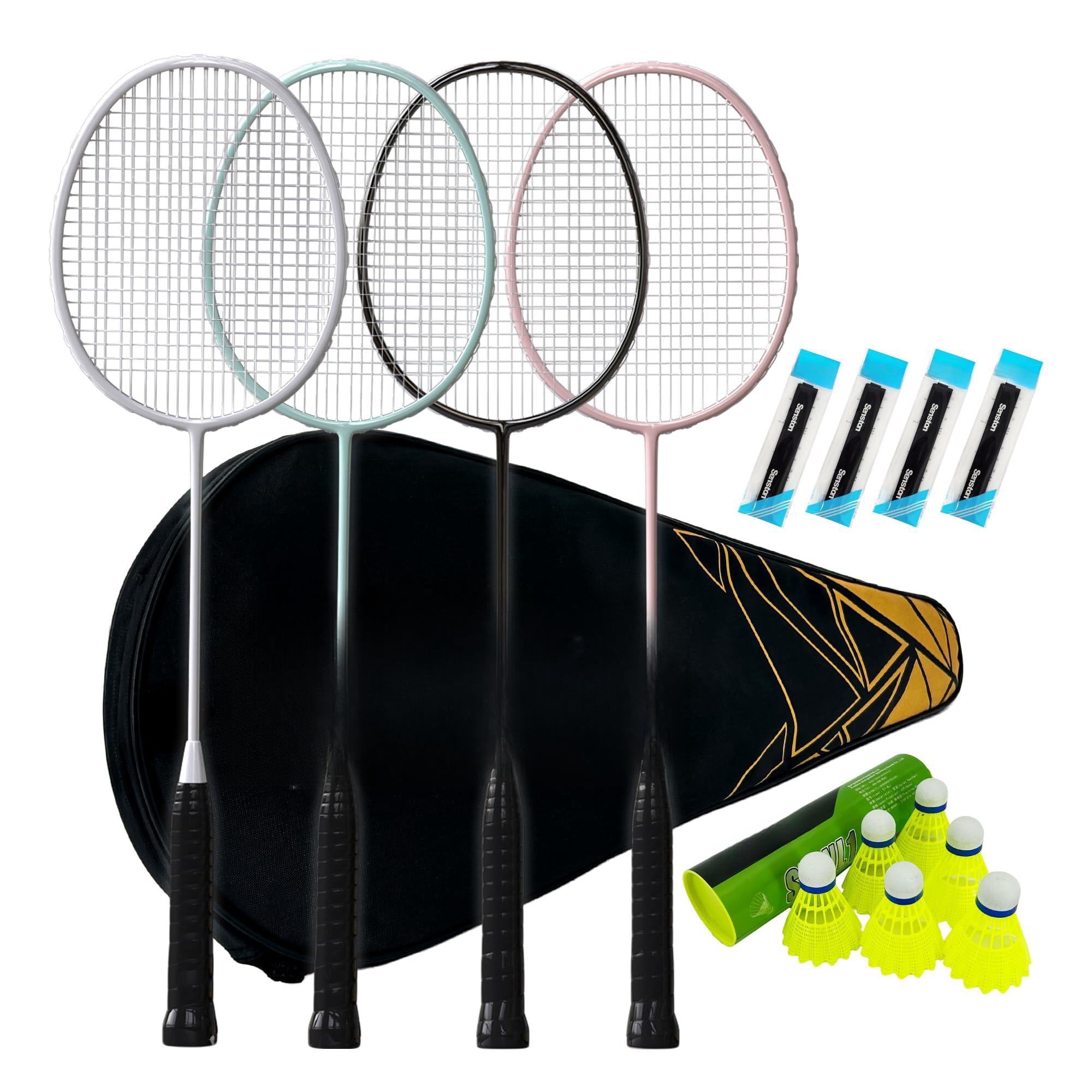 Professional Badminton Rackets Set Of 4 - Carbon Fiber  6 Shuttlecocks 4 Grips & Bag For Backyard Games | 90g Lightweight