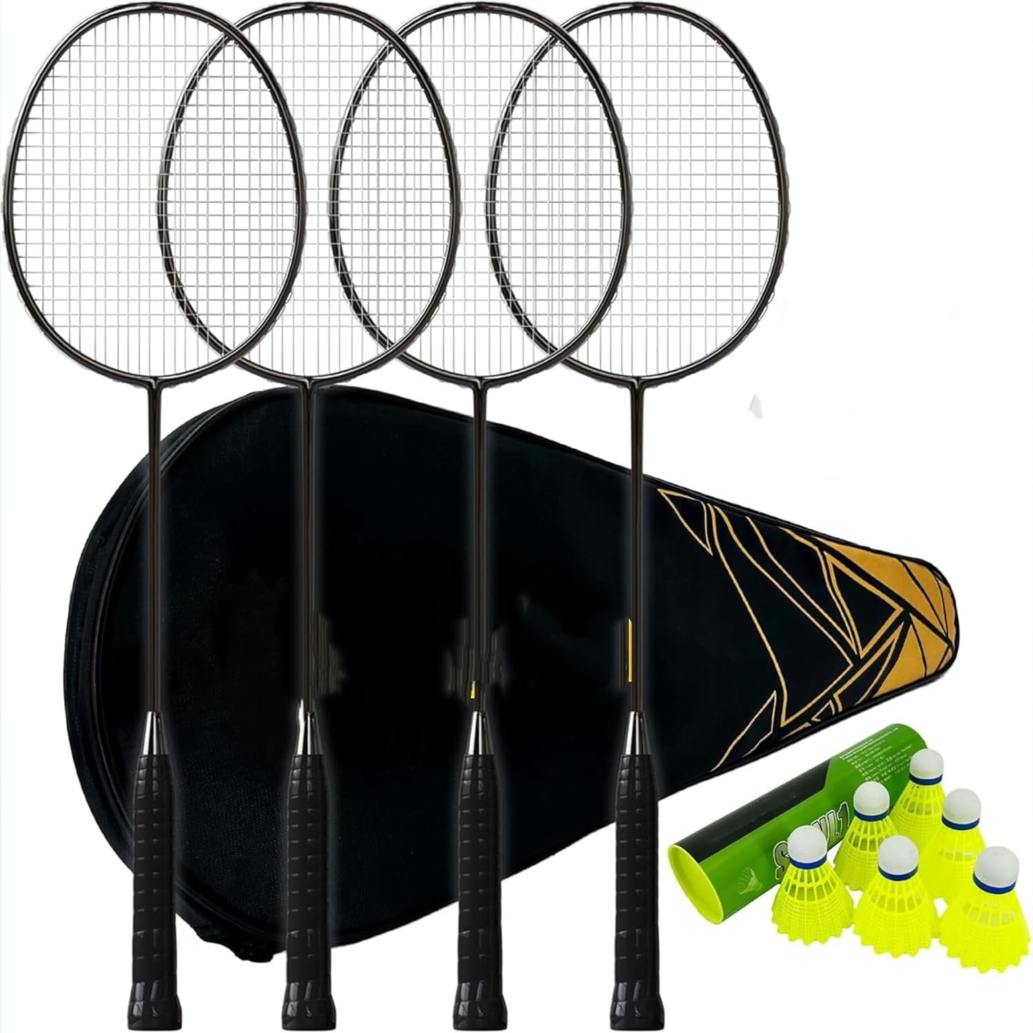 Professional Badminton Rackets Set of 4 - Carbon Fiber, 6 Shuttlecocks, 4 Grips & Bag for Backyard Games | 90g Lightweight