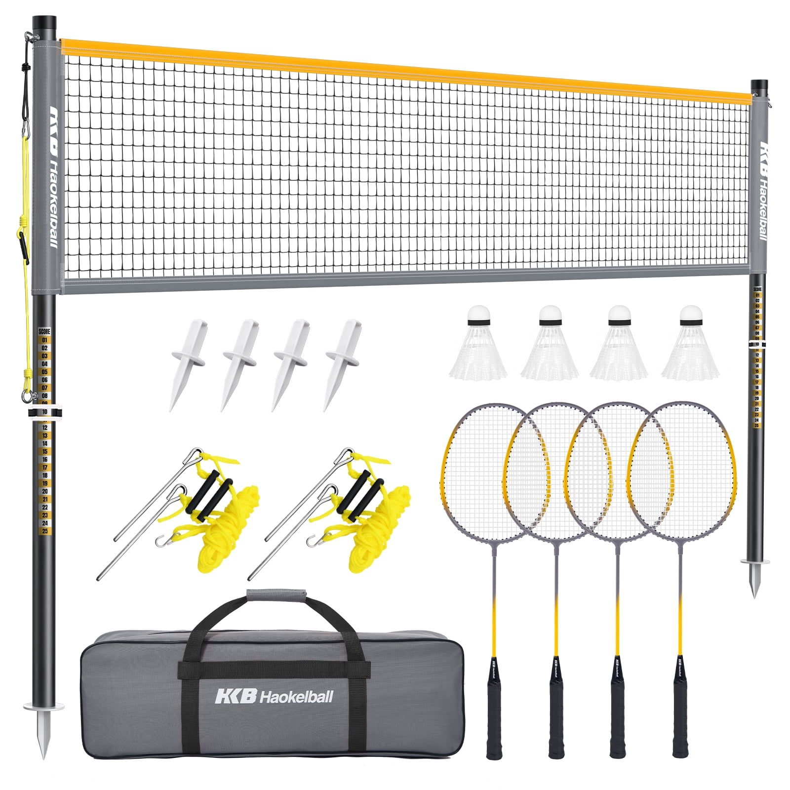 Haokelball Badminton Set with Net for Backyard – Outdoor Game Set with Tension Adjuster, 4 Rackets, Shuttlecocks, Poles, Boundary Line & Carry Bag