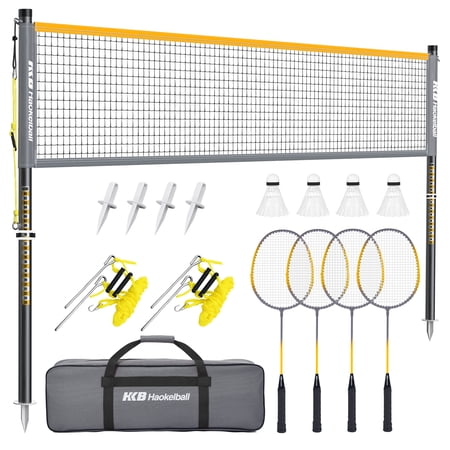 Haokelball Badminton Set with Net for Backyard – Outdoor Game Set with Tension Adjuster, 4 Rackets, Shuttlecocks, Poles, Boundary Line & Carry Bag