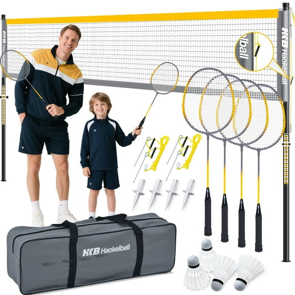 Haokelball Professional Badminton Set Badminton Set for Backyard Outdoor with Net Tension Adjuster, Rackets Set of 4, 4 Nylon Shuttlecocks and Carry Bag