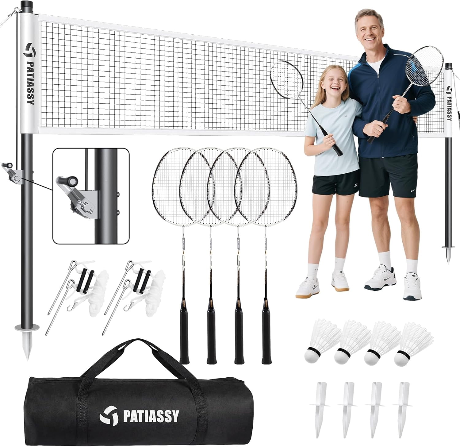 Professional Badminton Set with Carbon Aluminum Badminton Rackets Set of 4, Outdoor Portable Badminton Net with Winch System, 4 Nylon and Bag