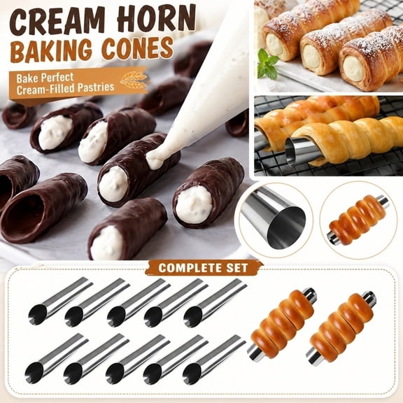 Professional Baking Molds, Stainless Steel Cannoli Forms, Cake Cones Forming Molds, Cannoli Shells, 10 Pack Hollow Metal Cone Baking Tools for Making Stuffed Cream Horn Desserts