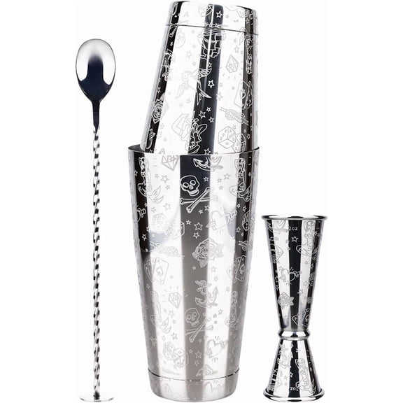 Professional Bar Tool Kit with Etched Mermaid Design, 3-Piece Stainless Steel Set Includes Jigger and Mixing Spoon for Home Mixology, 17/24oz