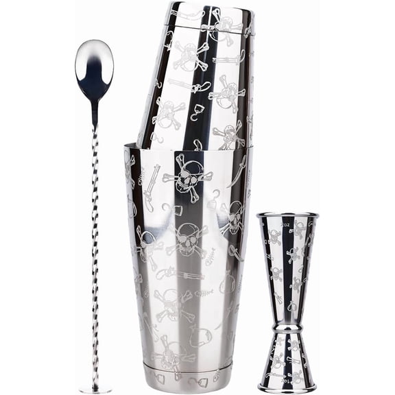 Professional Bar Tool Kit with Etched Mermaid Design, 3-Piece Stainless Steel Set Includes Jigger and Mixing Spoon for Home Mixology, 17/24oz