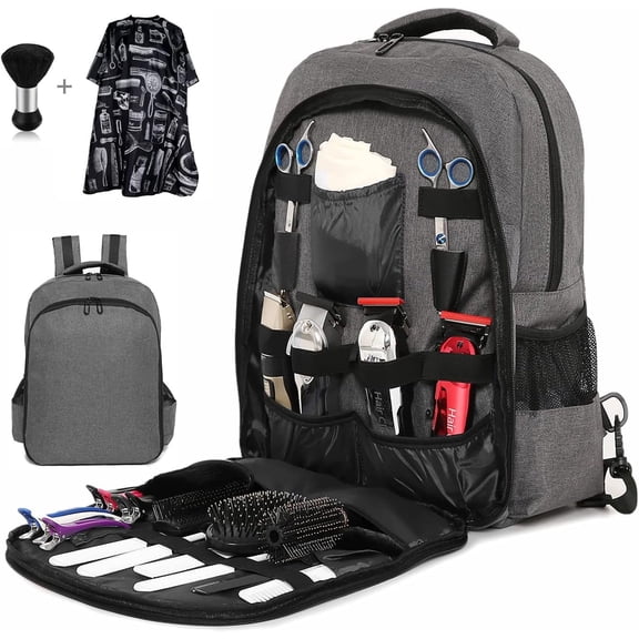Professional Barber Backpack,Hair Cutting Tools Kit with Waterproof Cape & Brush,Large Capacity 3-Layer Mobile Stylist Station,Salon Equipment Storage Organizer,Casual Gray