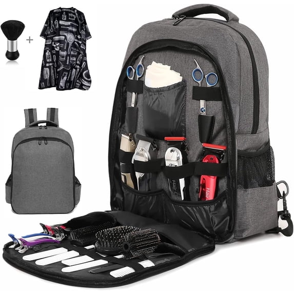 Professional Barber Backpack,Hair Cutting Tools Kit with Waterproof Cape & Brush,Large Capacity 3-Layer Mobile Stylist Station,Salon Equipment Storage Organizer,Casual Gray