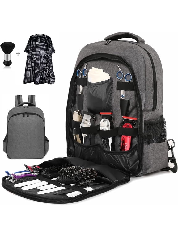 Professional Barber Backpack,Hair Cutting Tools Kit with Waterproof Cape & Brush,Large Capacity 3-Layer Mobile Stylist Station,Salon Equipment Storage Organizer,Casual Gray