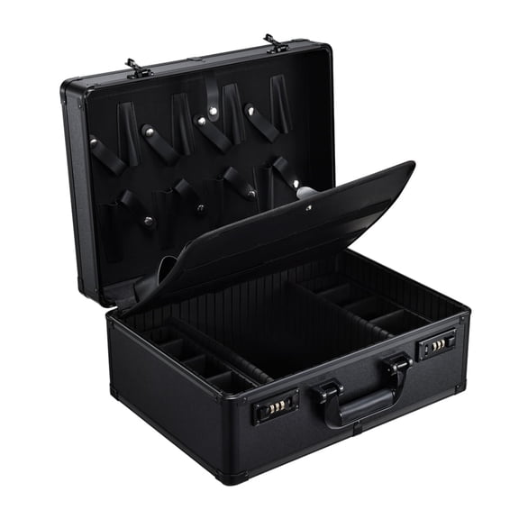 Open Box Professional Barber Case Hairdressing Box Organizer Portable Salon Travel Suitcase with Lock, Black