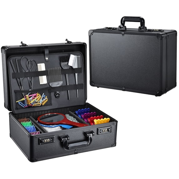 Professional Barber Case Hairdressing Box Organizer Portable Salon Travel Suitcase with Lock, Black