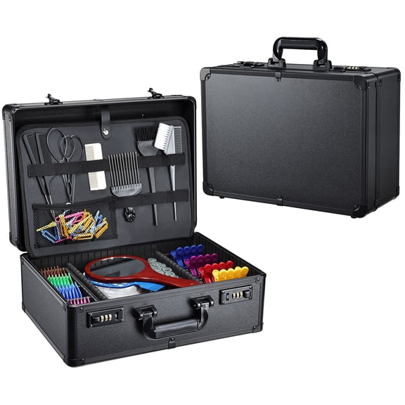 Professional Barber Case Hairdressing Box Organizer Portable Salon Travel Suitcase with Lock, Black